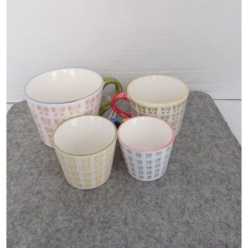 Pier 1 Imports Butterfly Pattern Ceramic Cups Set - Colorful Handles - Vintage
